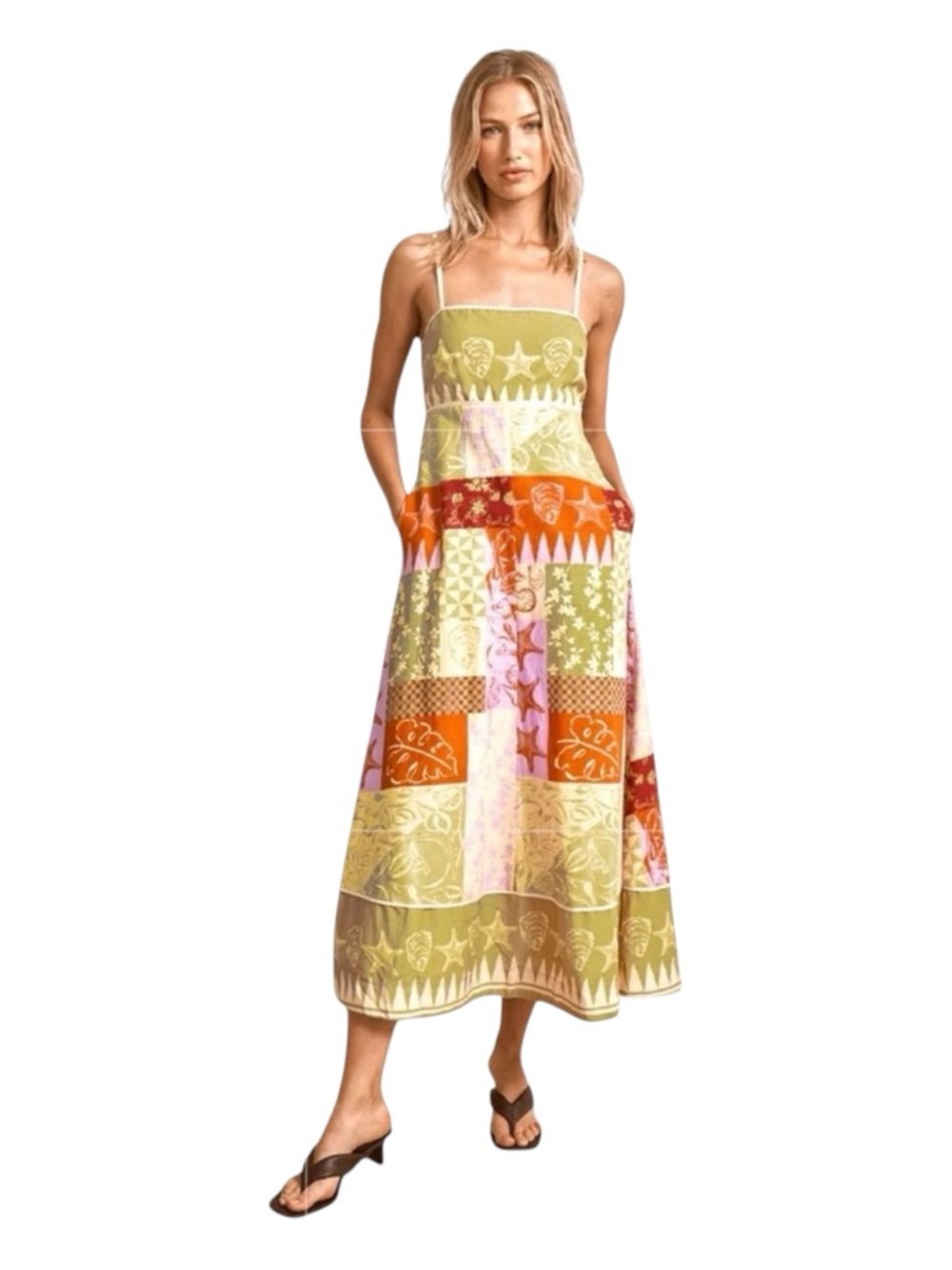 MON RENN Cove Patchwork Midi Dress, Size XS.